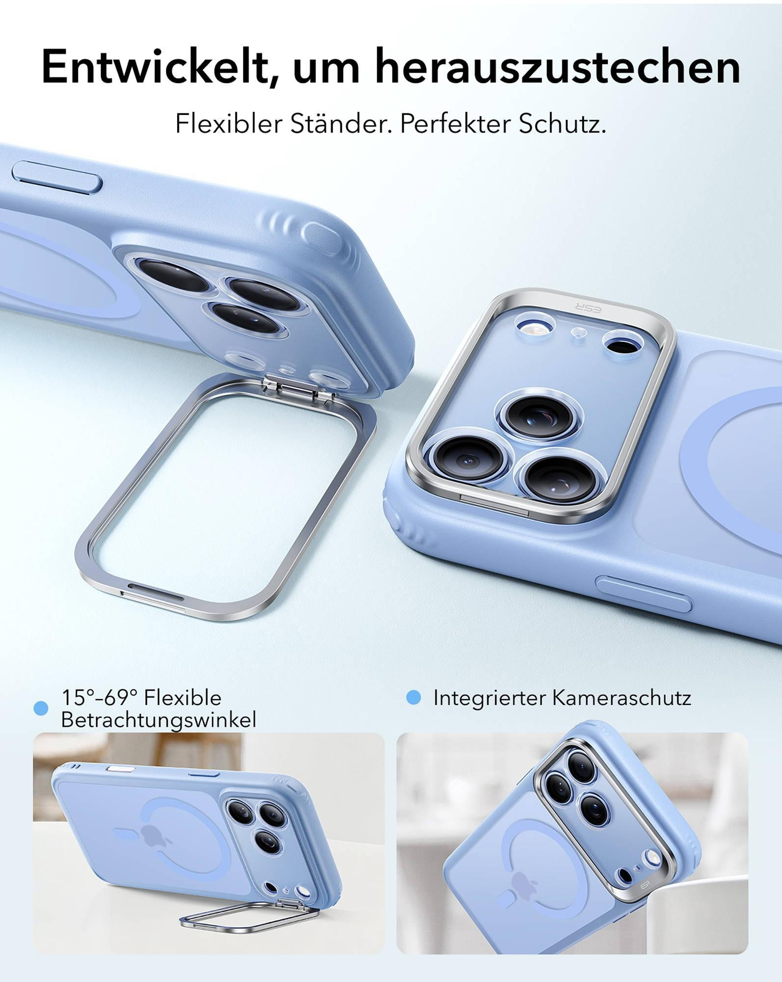 Eine hellblaue Handyhülle mit integriertem Metallständer und Kameraschutz aus verschiedenen Blickwinkeln.