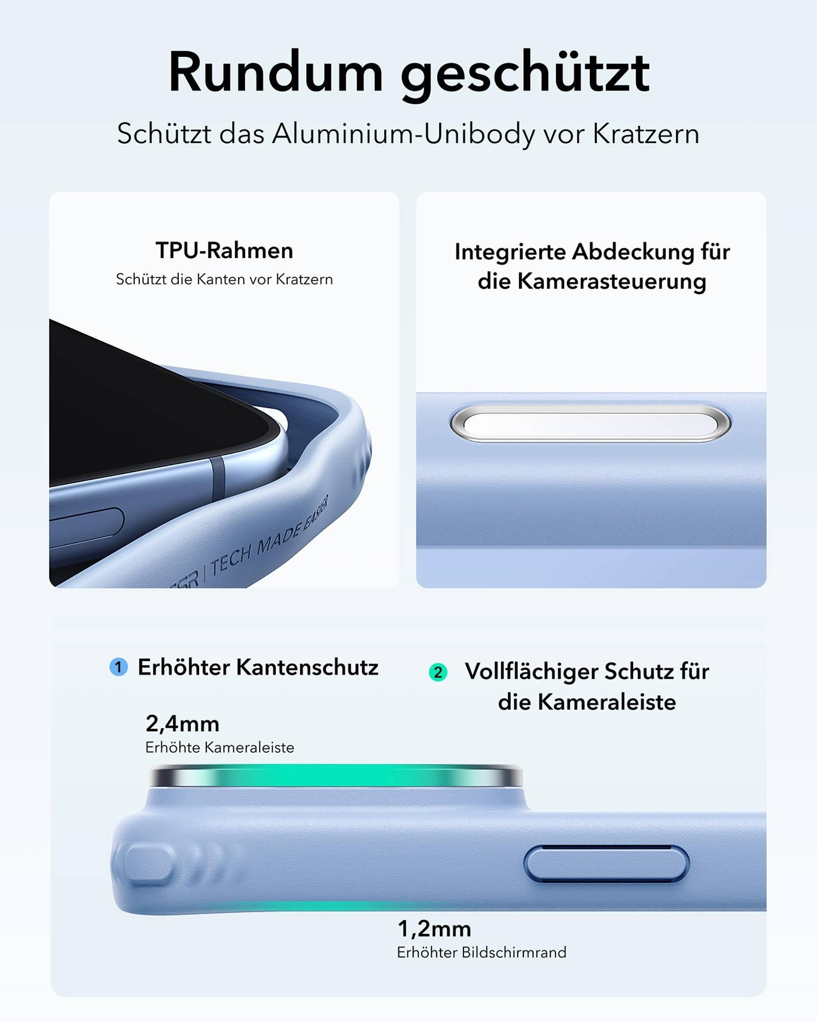Infografik zeigt Schutzfunktionen einer blauen Handyhülle mit TPU-Rahmen und Kameraleistenschutz.