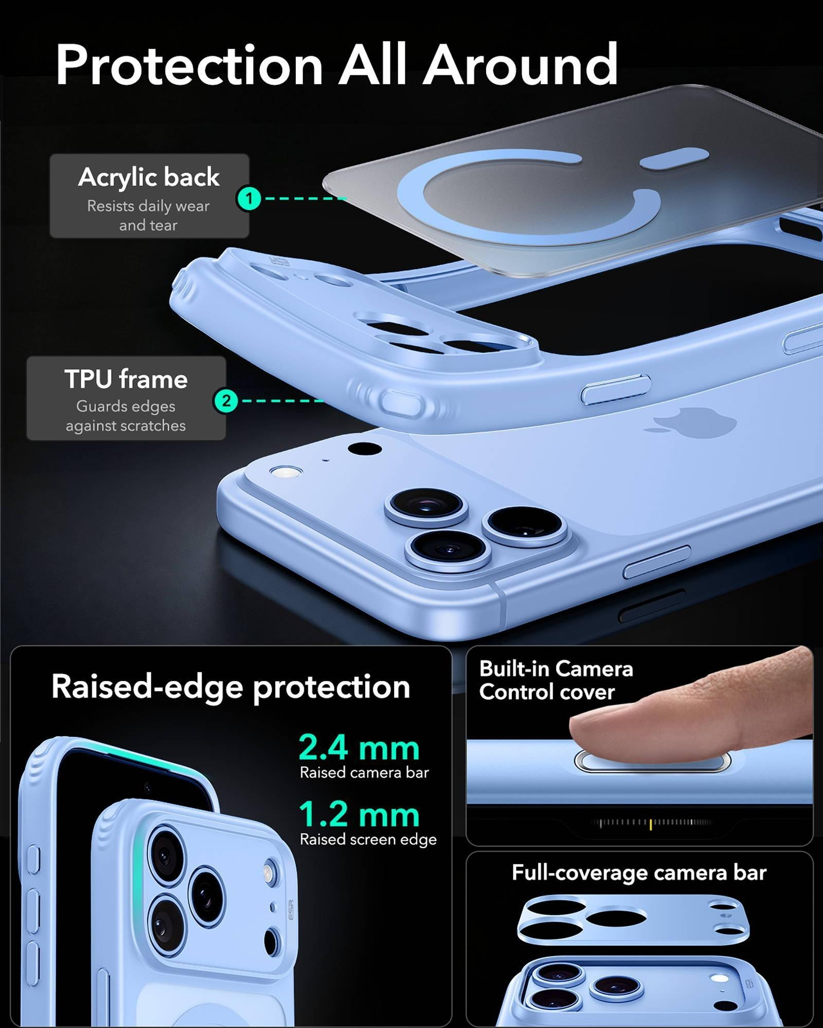 Blaue Handyhülle mit Acrylrücken, TPU-Rahmen und erhöhtem Kameraschutz in einer Produktpräsentation.