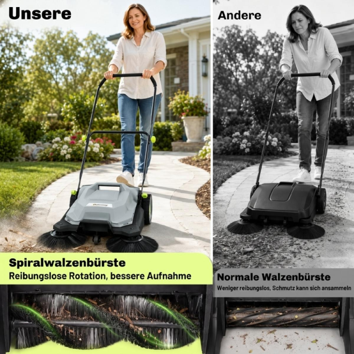 Vergleich zweier Kehrmaschinen: Eine mit Spiralwalzenbürste in Farbe und eine herkömmliche in Schwarzweiß.