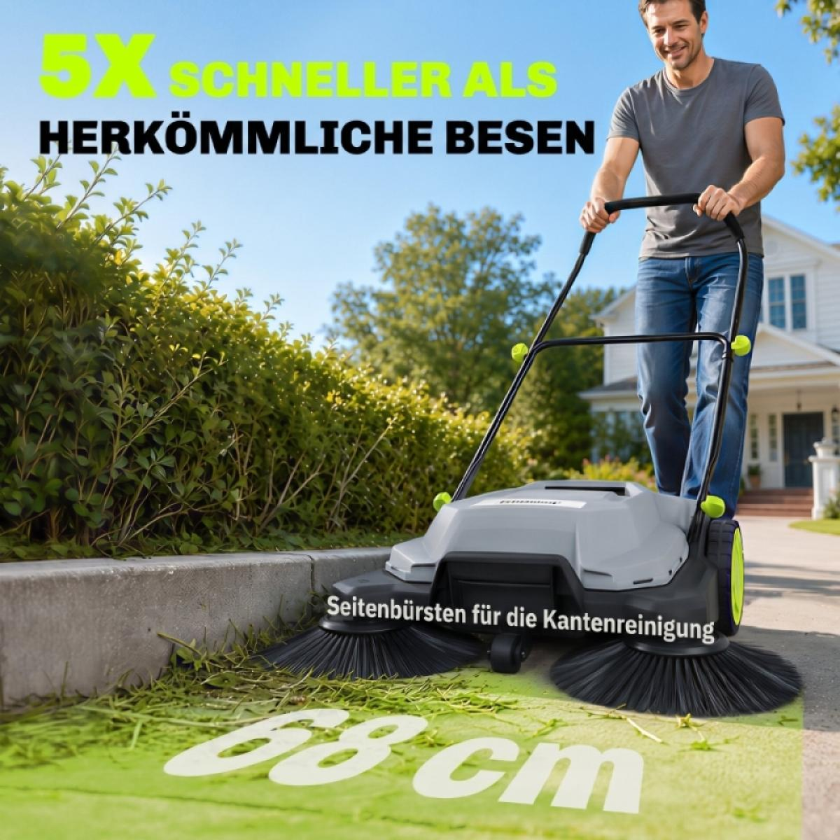 Ein Mann schiebt eine graue Kehrmaschine mit großen Seitenbürsten entlang eines Gehwegs.