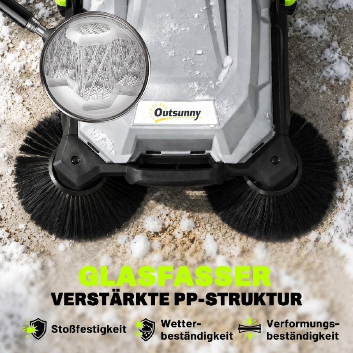 Outsunny Kehrmaschine mit zwei Seitenbürsten auf schneebedecktem Boden zeigt vergrößert die glasfaserverstärkte PP-Struktur.