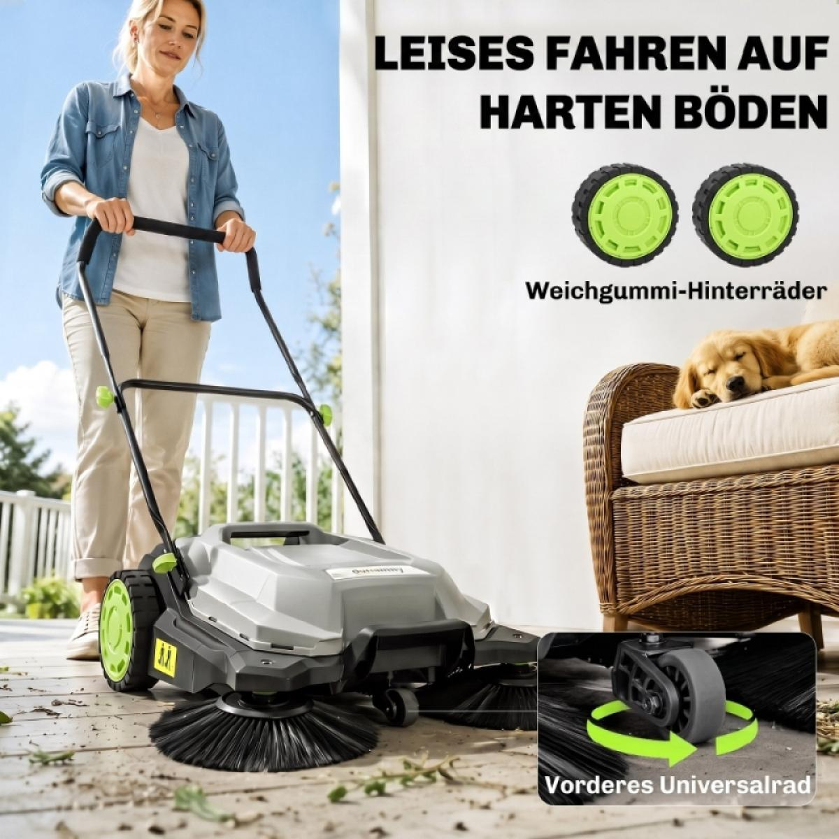 Eine Frau schiebt einen Kehrer auf einer Terrasse, neben ihr schläft ein Hund. Detail zeigt leise Räder.
