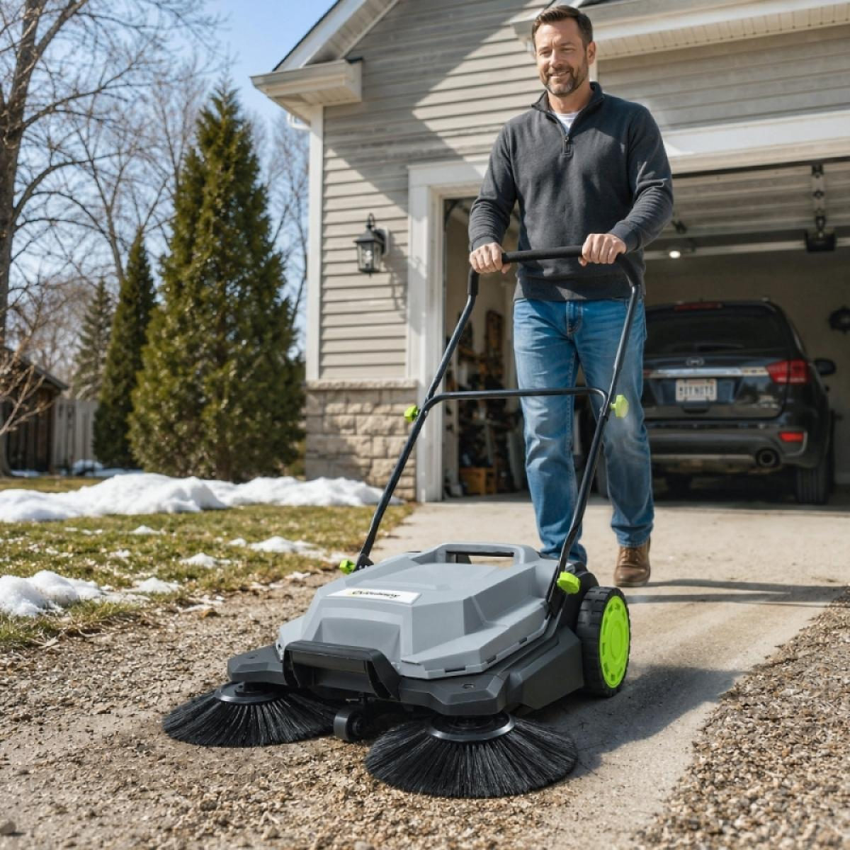 Ein Mann schiebt eine graue und grüne Kehrmaschine auf einer Einfahrt vor einem Haus.