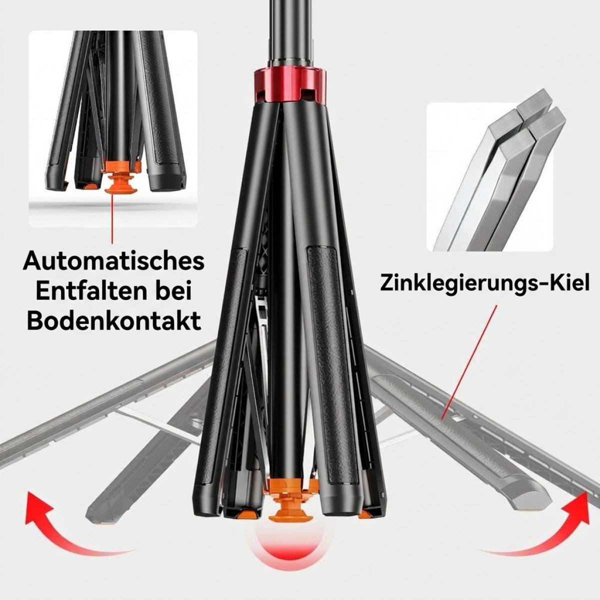 Stativ mit automatischer Entfaltung bei Bodenkontakt und Zinklegierungs-Kiel.