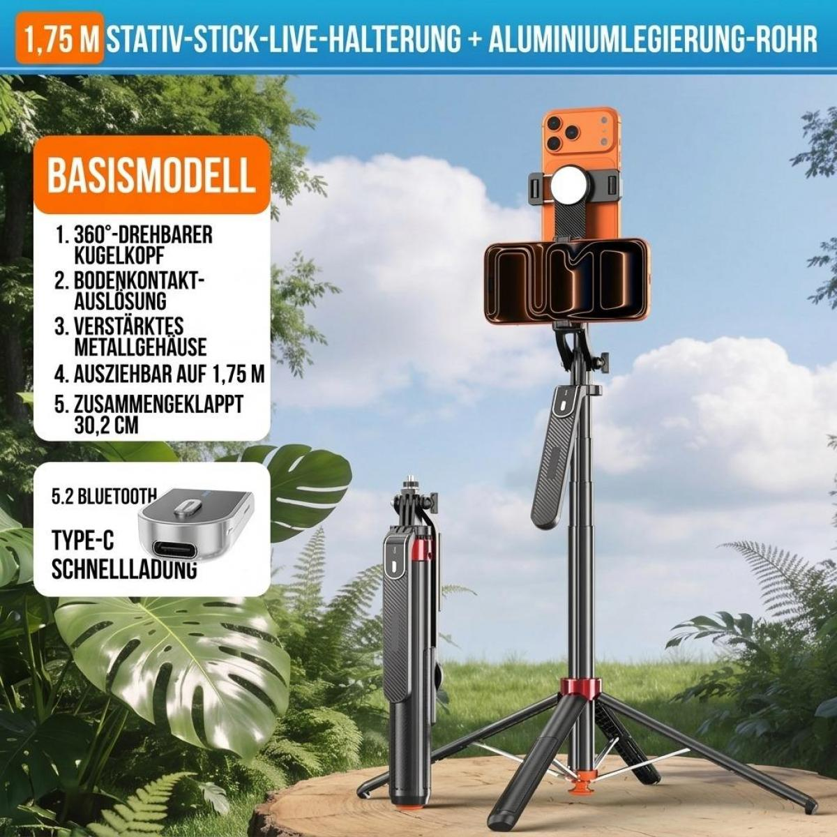 Ein Smartphone-Stativ mit Bluetooth, ausziehbar auf 1,75 Meter, stehend auf einem Holzstamm vor blauem Himmel.