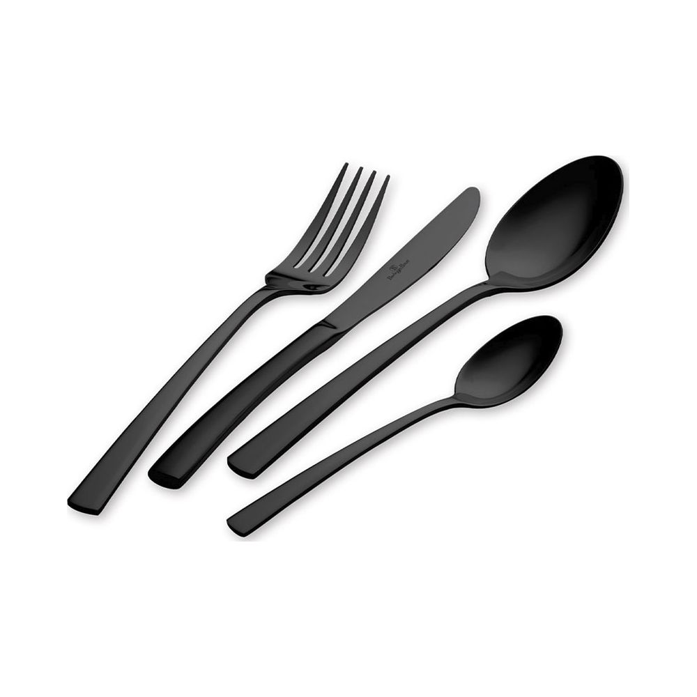 Un ensemble de couverts noirs comprenant une fourchette, un couteau, une grande et une petite cuillère sur fond blanc.