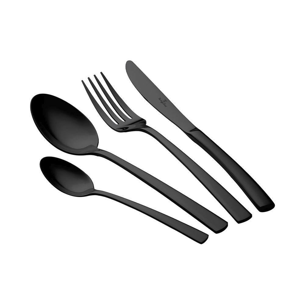 Un ensemble de couverts noirs composé de deux cuillères, d'une fourchette et d'un couteau sur fond blanc.