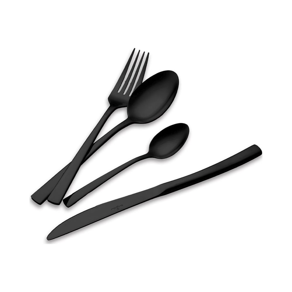 Un ensemble de couverts noir mat comprenant une fourchette, une grande cuillère, une petite cuillère et un couteau.