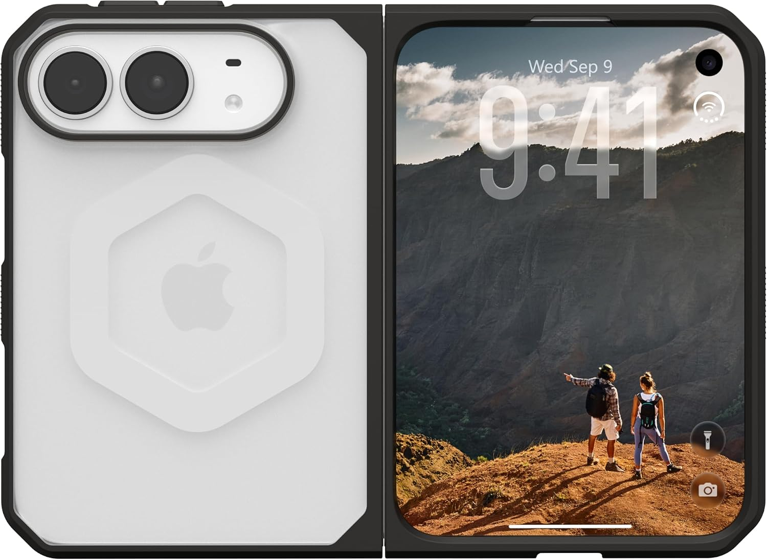 Ein faltbares Smartphone mit Schutzhülle und Bergbildschirm.