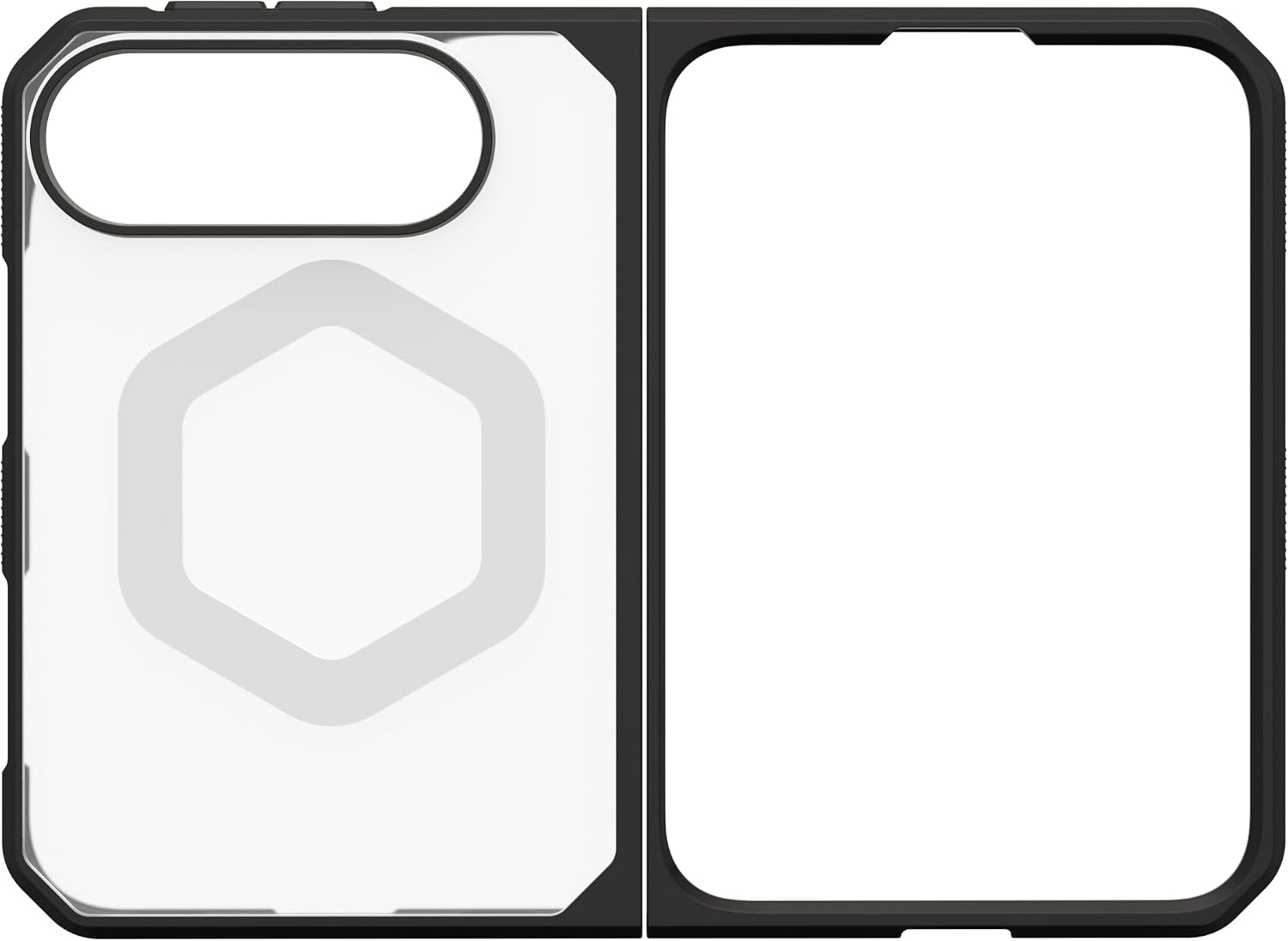 Schwarze, klappbare Handyhülle mit transparentem Rücken und sechseckigem Magnetring.