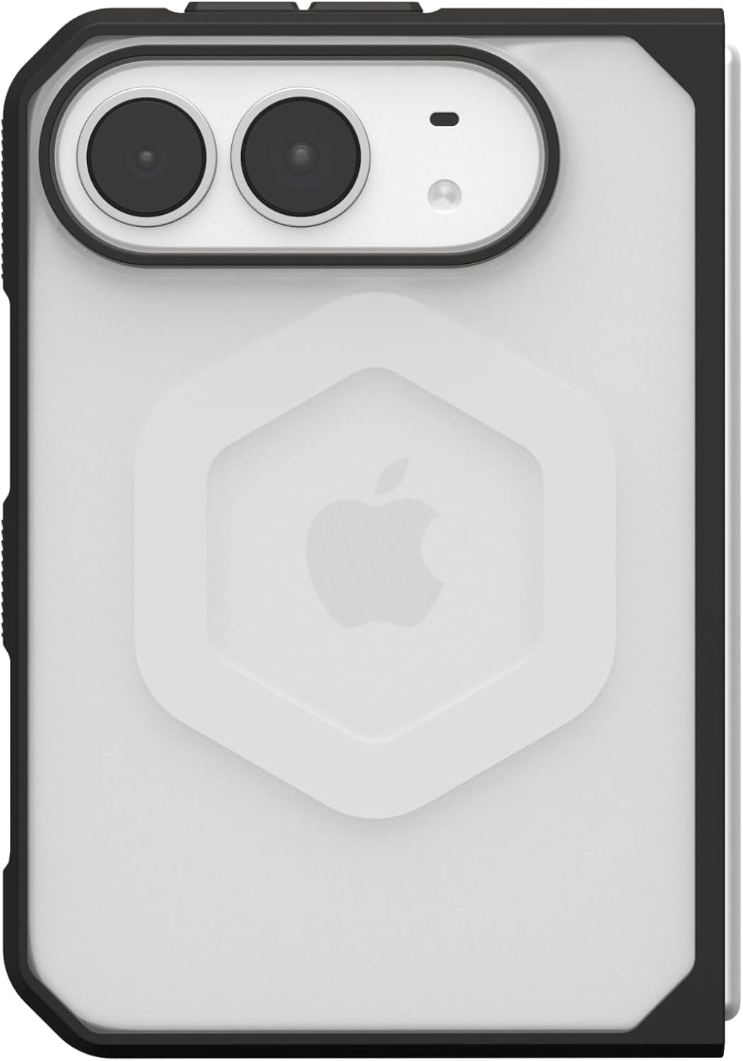 Eine Schutzhülle mit transluzenter Rückseite, schwarzem Rand, zwei Kameralinsen und zentralem Apple-Logo.