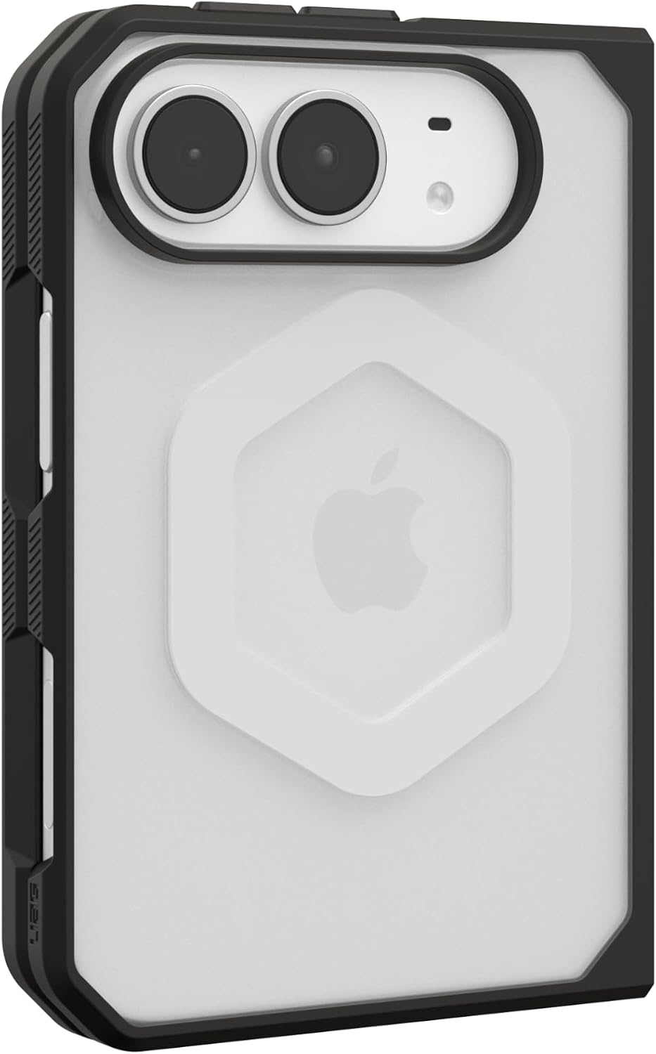 Eine schwarz-weiße Handyhülle mit Dual-Kamera-Ausschnitt und Apple-Logo in einem Sechseck auf der Rückseite.