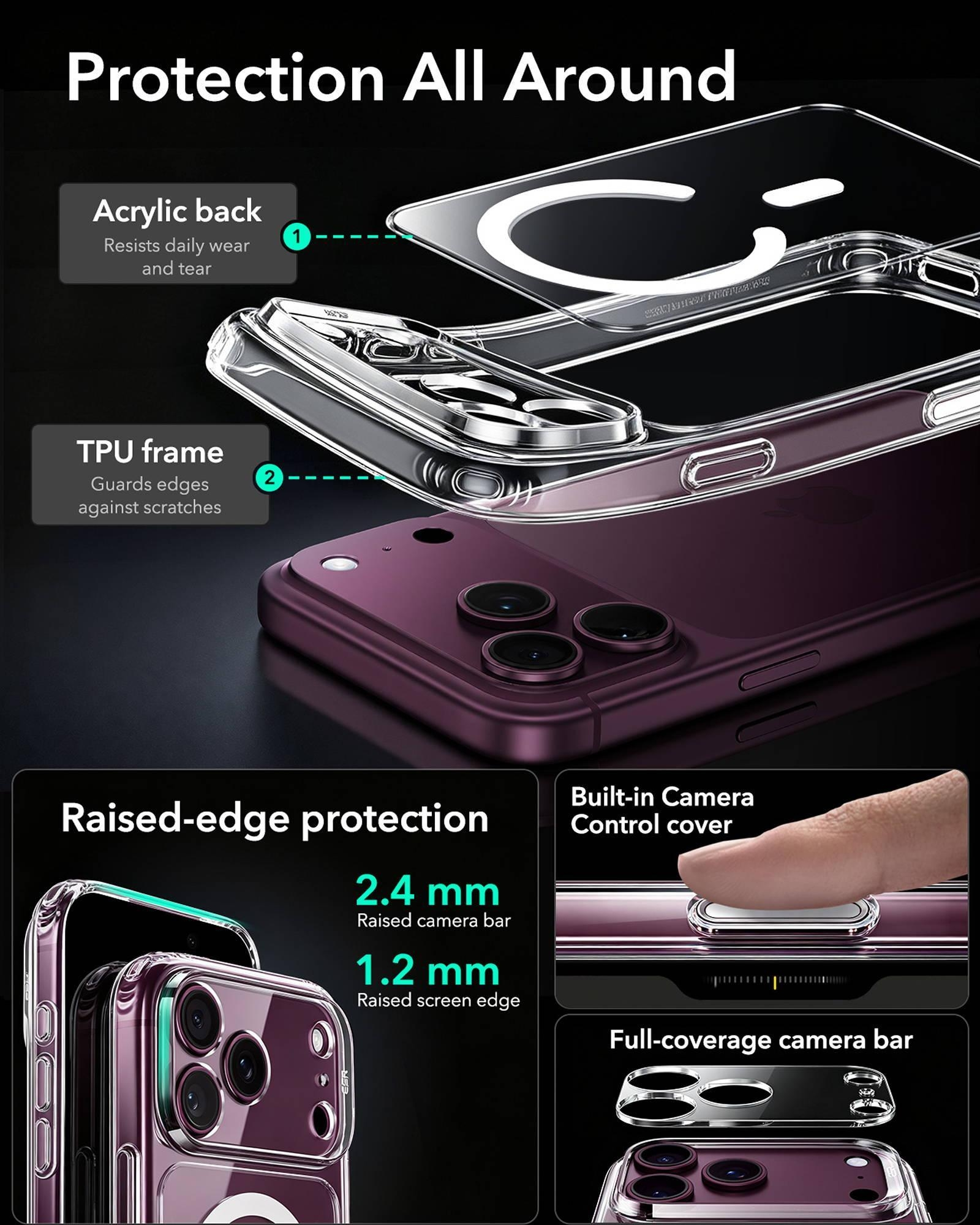 Transparente Schutzhülle mit Acrylrücken, TPU-Rahmen und Kameragrenzenschutz für ein violettes Smartphone.