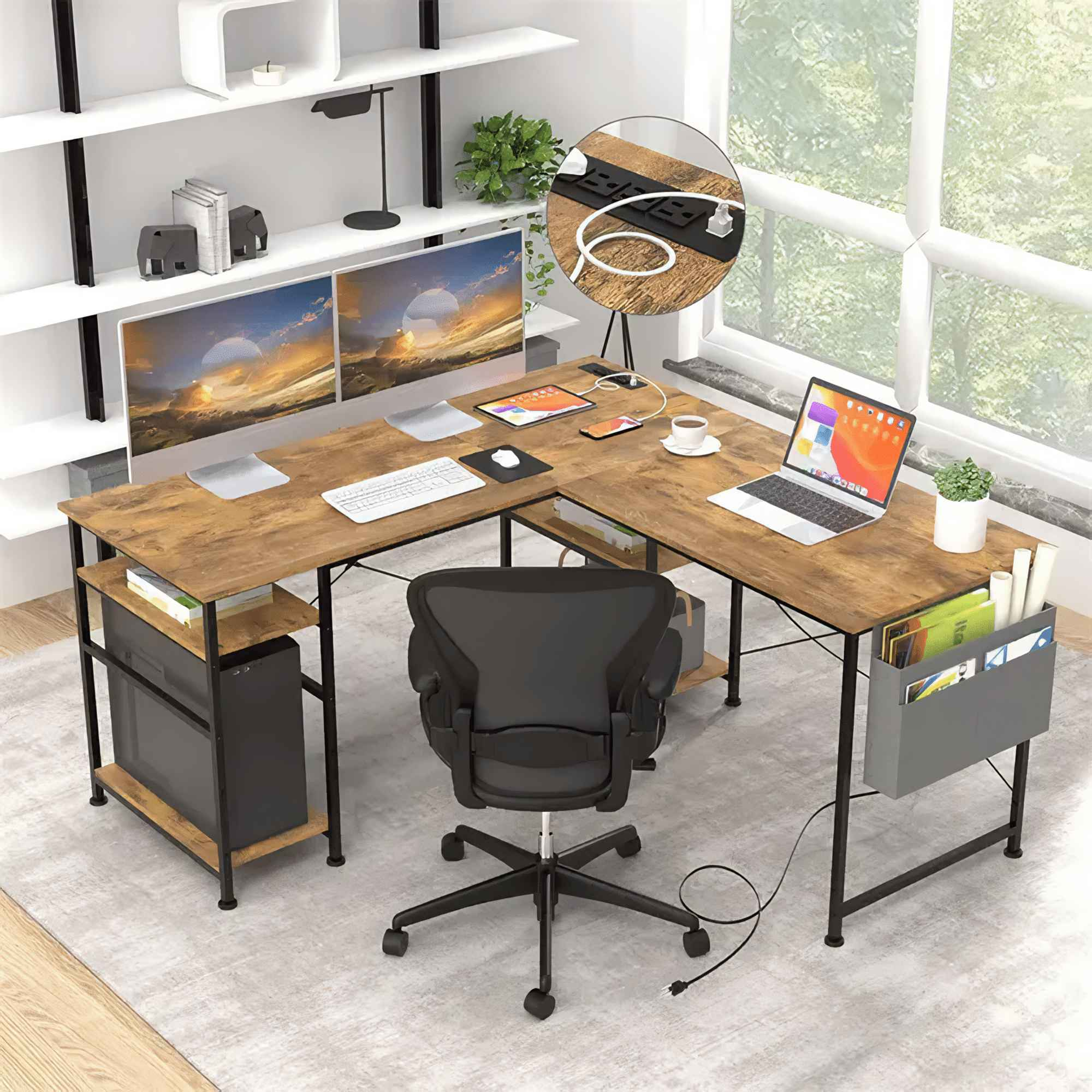 L-förmiger Schreibtisch aus Holz mit zwei Monitoren, Laptop, Stuhl und eingebauter Steckdosenleiste vor dem Fenster.