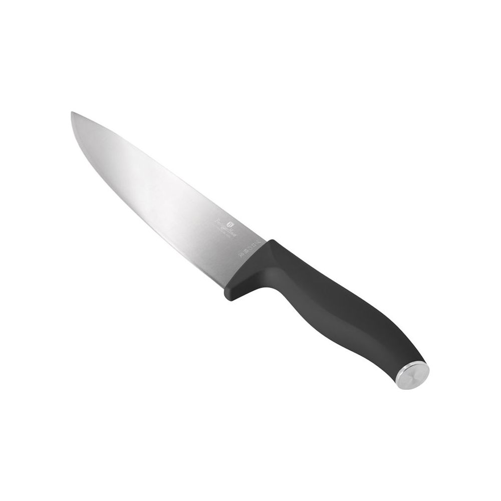 Ein silbernes Küchenmesser mit schwarzem Griff auf weißem Hintergrund.