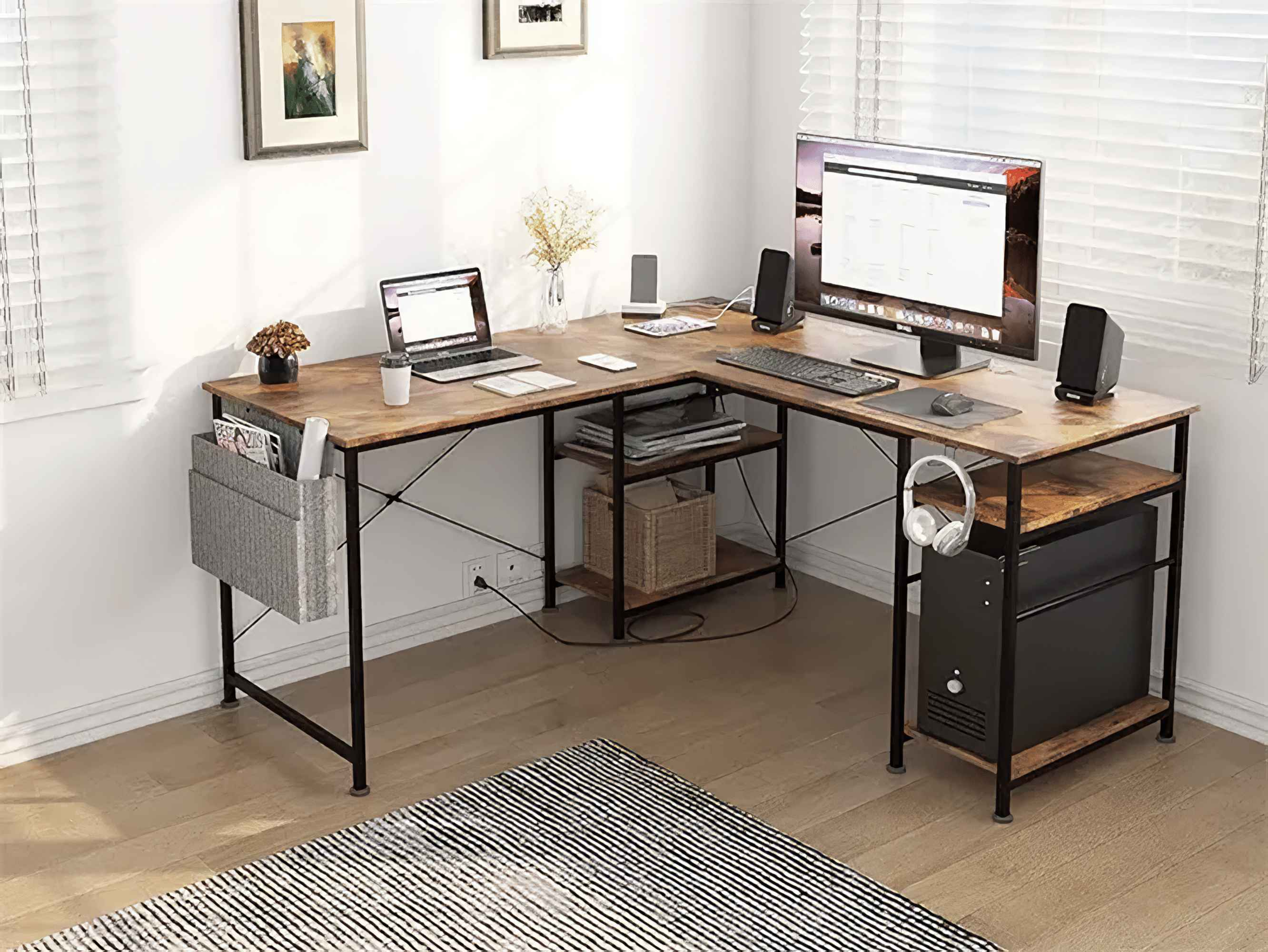L-förmiger Schreibtisch aus Holz und Metall in einem hellen Zimmer mit PC, Laptop und Zubehör.