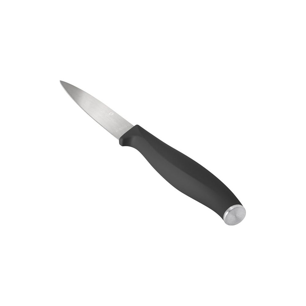 Ein kleines Küchenmesser mit grauer Kunststoffschlaufe und silberner Klinge auf weißem Hintergrund.