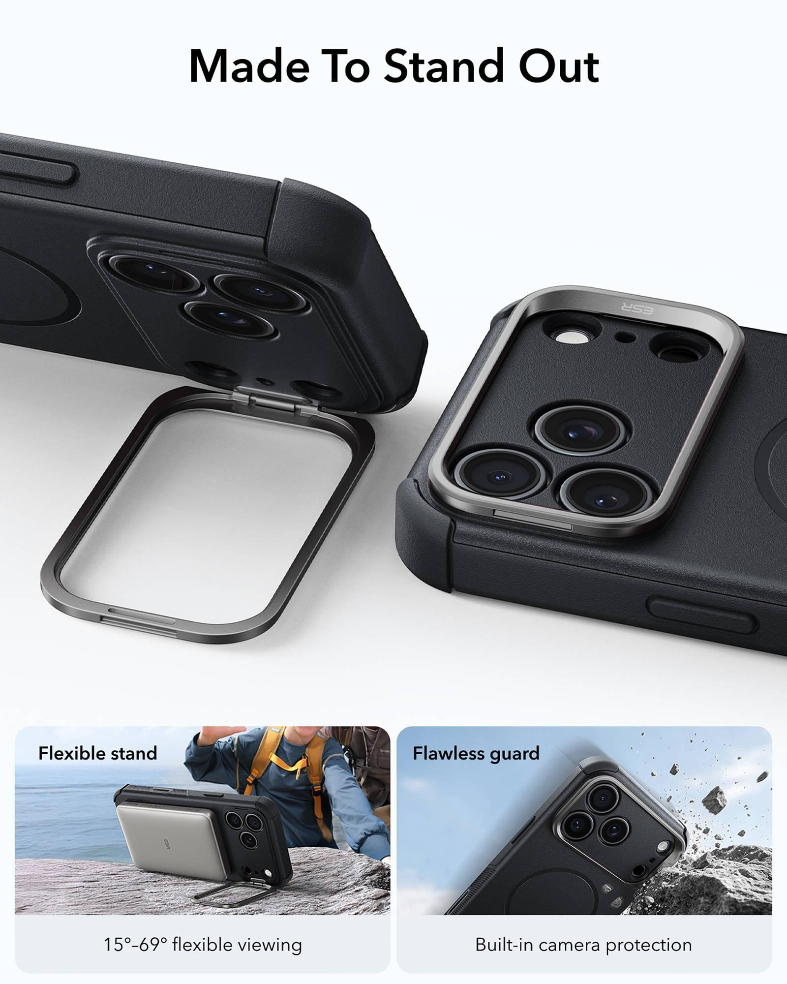 Zwei schwarze Handys mit Ständern um die Kameras, Text Made To Stand Out, Flexible stand und Flawless guard.