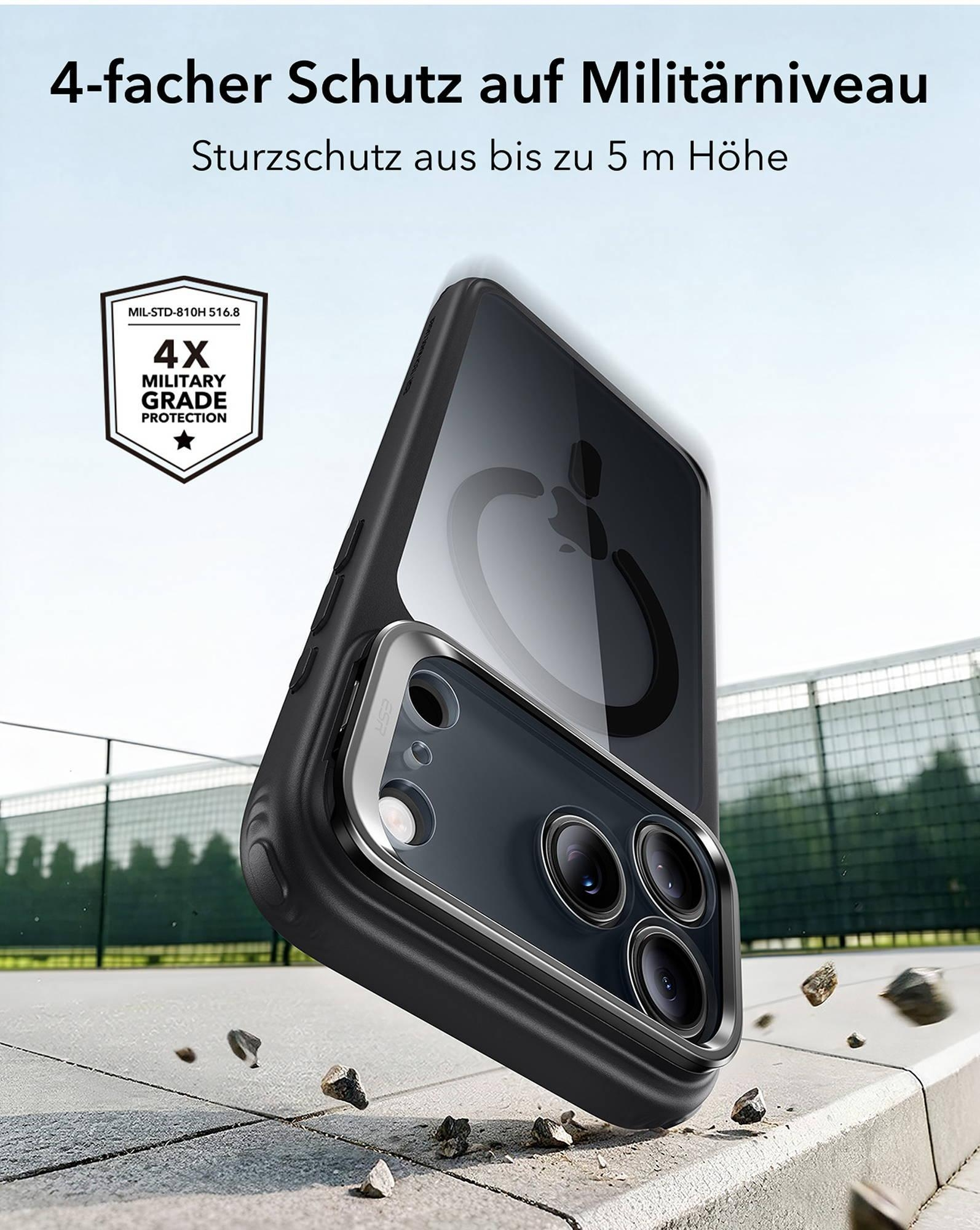 Schwarze Handyhülle mit Militär-Sturzschutz auf Steinboden.