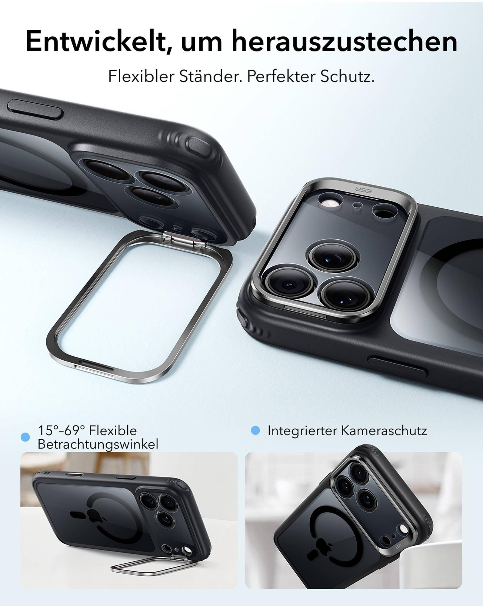 Schwarze Handyhülle mit integriertem Ständer und Kameraschutz auf hellem Hintergrund.