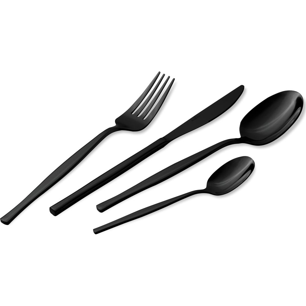 Un ensemble de quatre couverts modernes noir mat, comprenant une fourchette, un couteau, une grande et une petite cuillère.