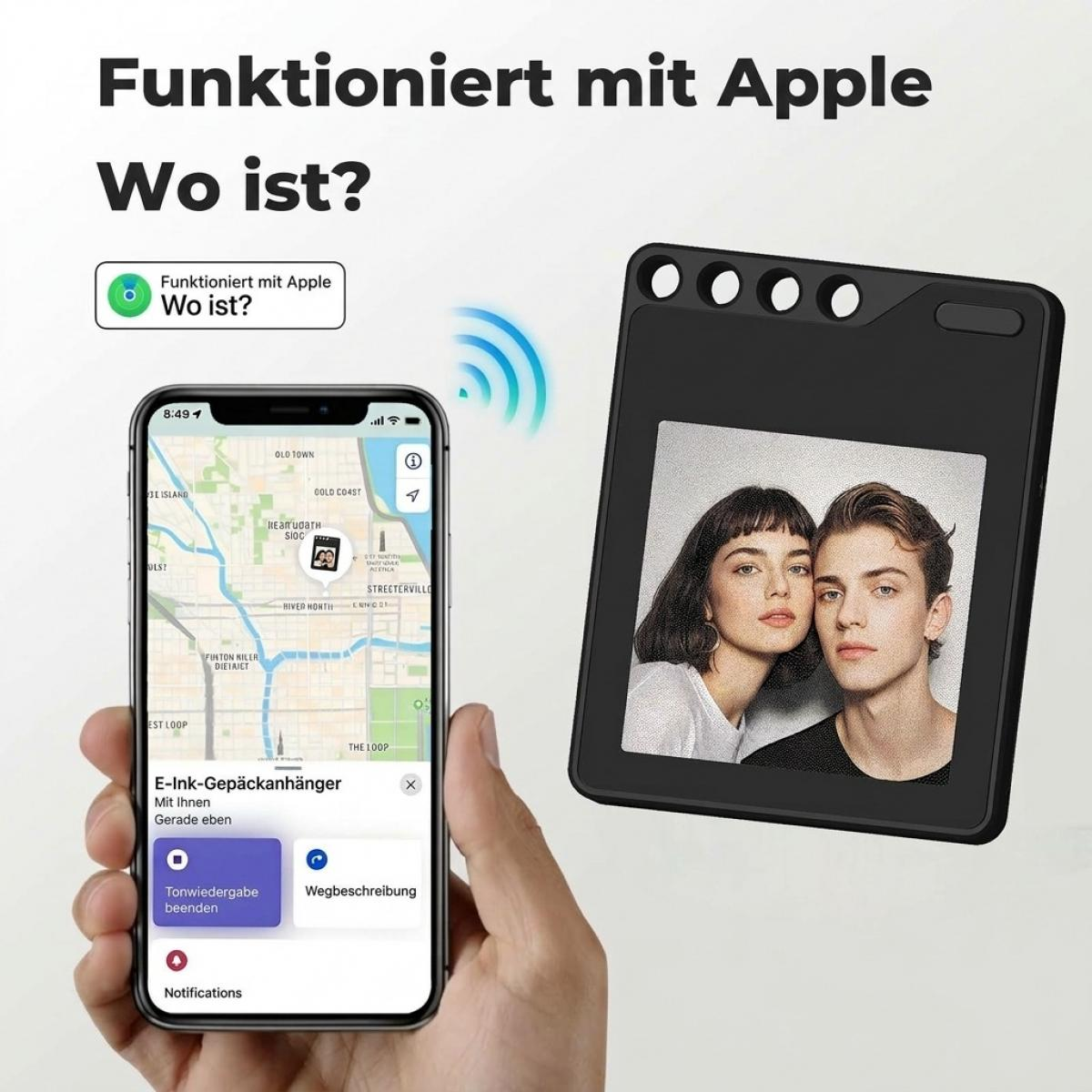 Ein Smartphone zeigt eine Tracking-App, daneben ein schwarzes Gadget mit einem Foto von einem Paar.