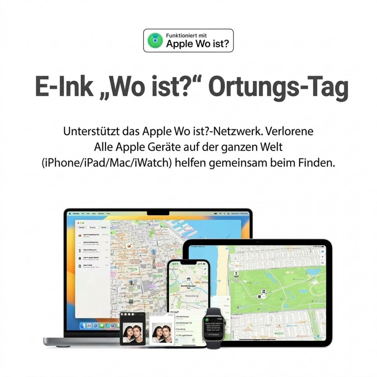 Produktwerbung für E-Ink Suchtag, kompatibel mit Apple Find My, gezeigt auf verschiedenen Apple Geräten.