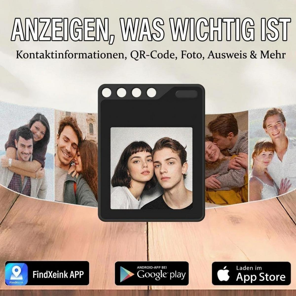 Anzeige einer App zur Darstellung von Fotos und Kontaktdaten, mit App Store Logos unten.
