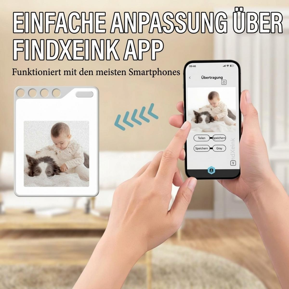 Ein Smartphone zeigt eine App, die ein Foto eines Babys und Hundes an einen Minidrucker überträgt.