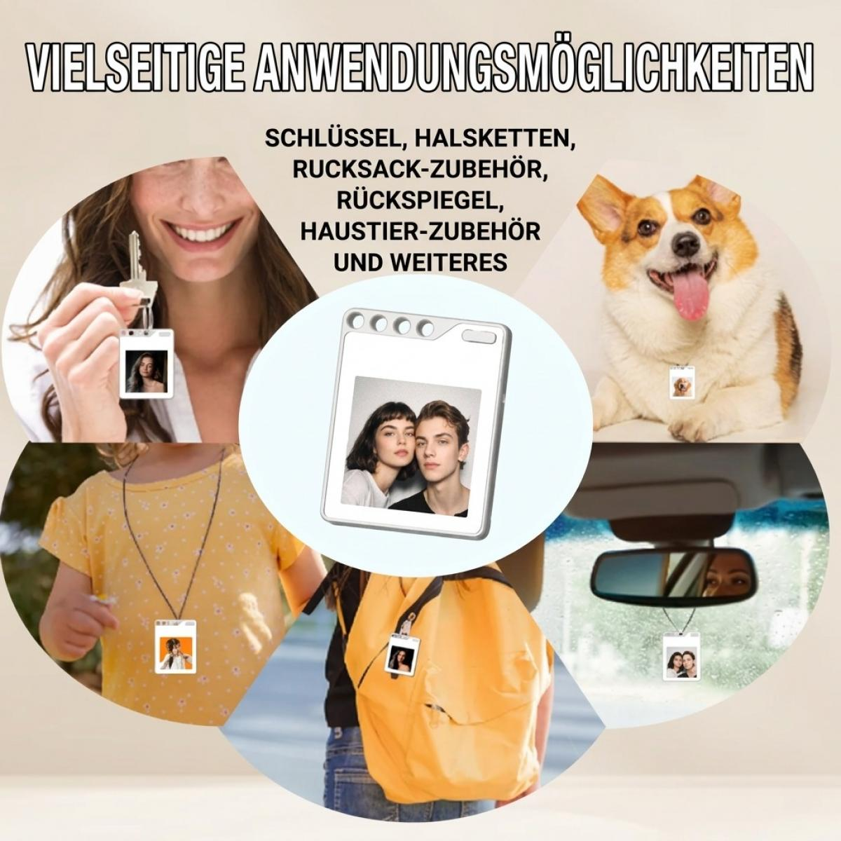 Collage zeigt Mini-Fotorahmen als Schlüsselanhänger, Halskette, Rucksack- und Autozubehör sowie am Haustierhalsband.