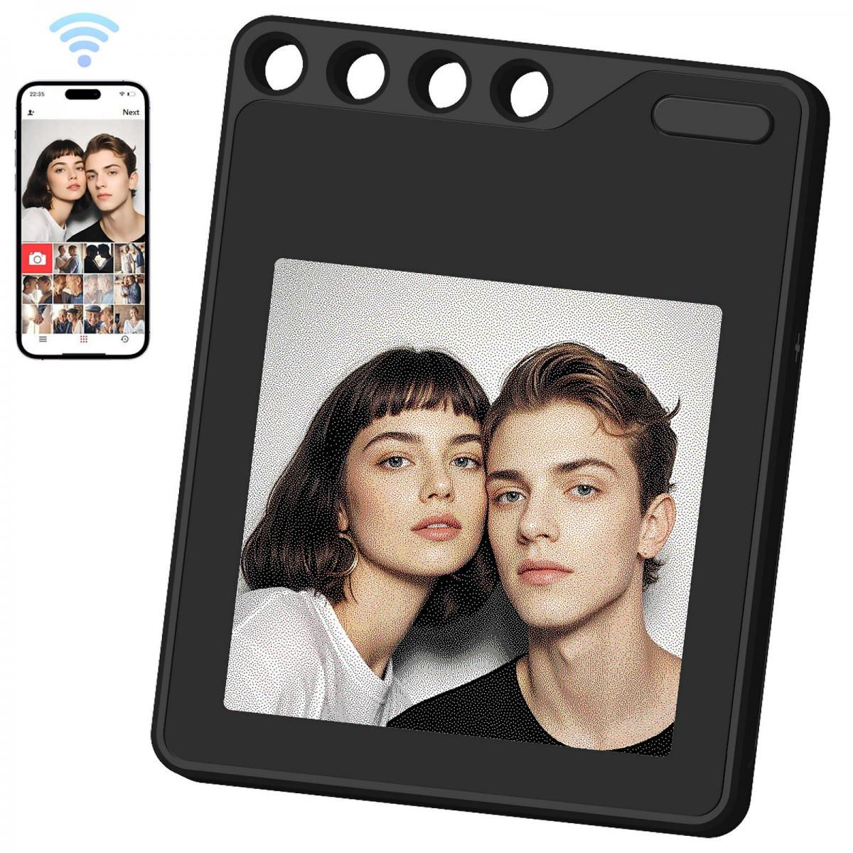 Ein schwarzer Fotodrucker zeigt das gepunktete Porträt eines jungen Paares und ein Smartphone mit der App.