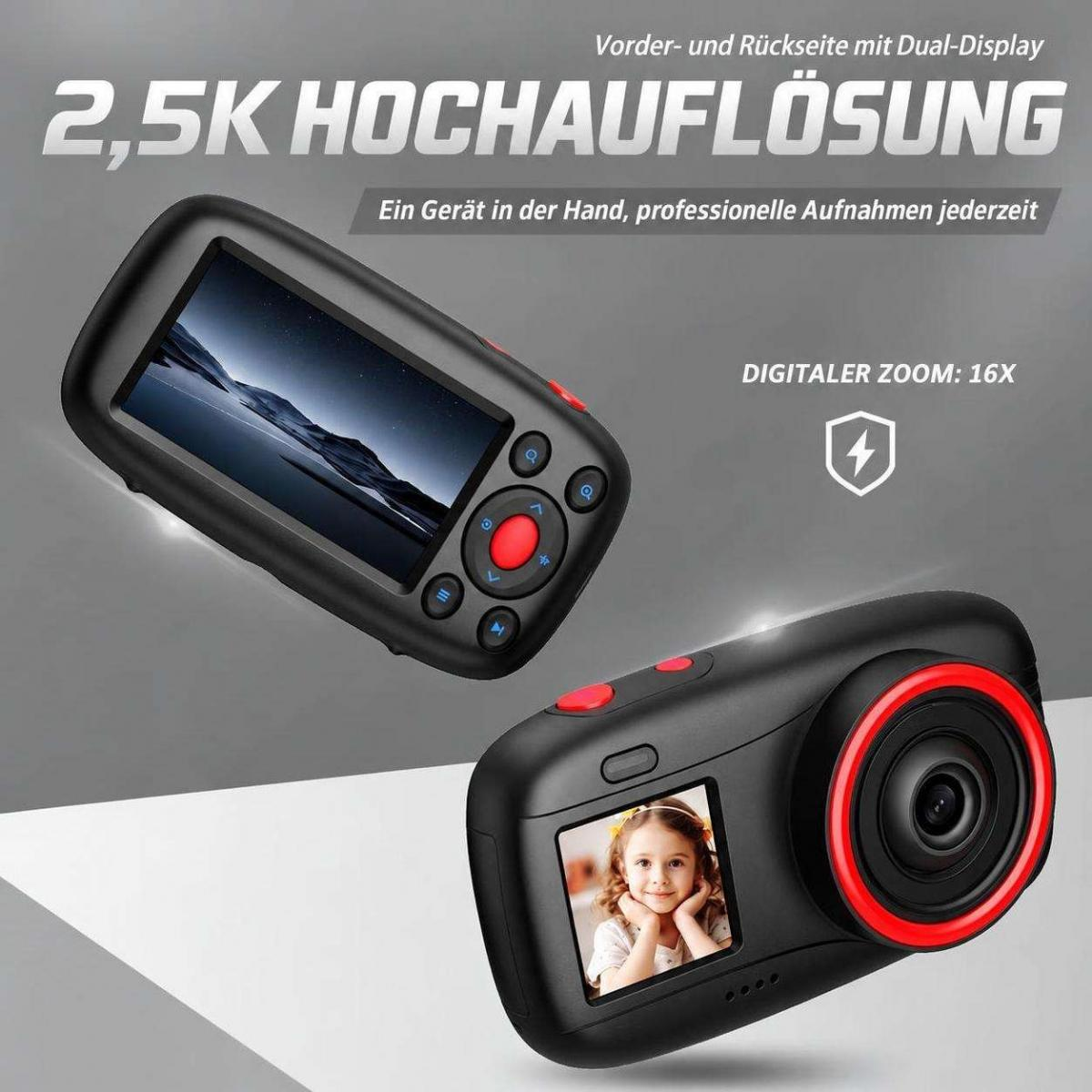 Werbebild einer schwarzen Dual-Display-Kamera mit deutscher Beschriftung.