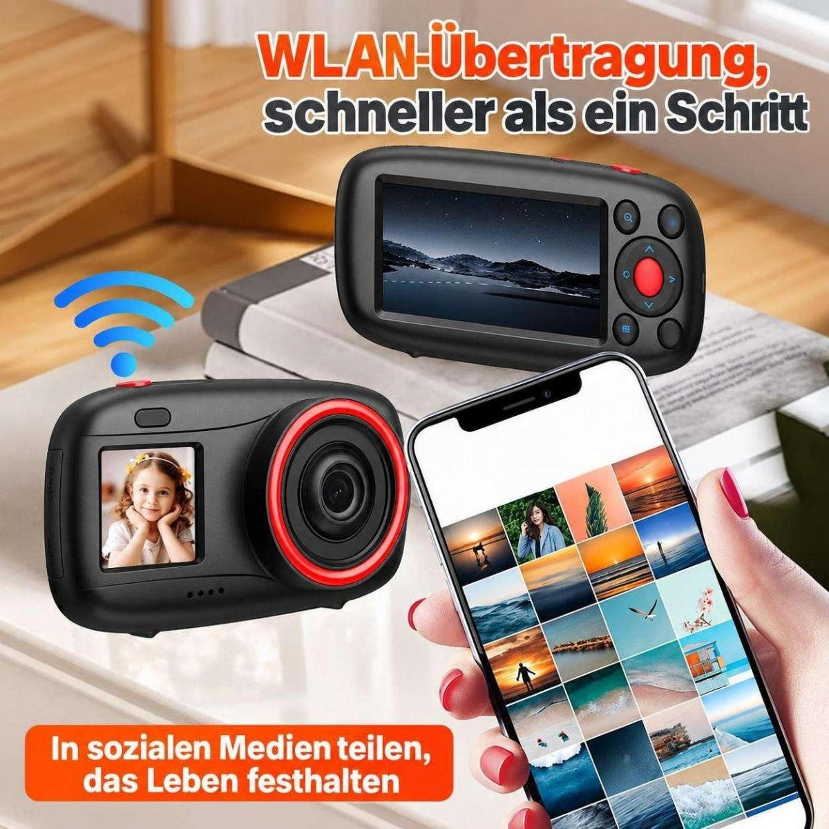Zwei Action-Kameras und ein Smartphone zeigen WLAN-Bildübertragung und Social-Media-Sharing auf Holzhintergrund.