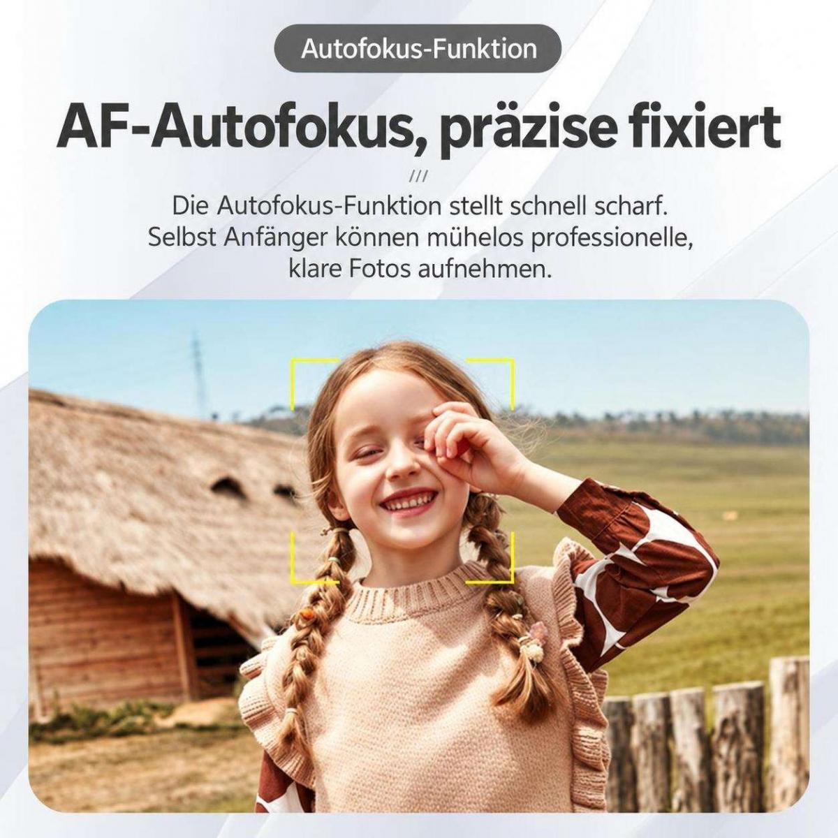 Ein junges Mädchen lächelt mit Zöpfen und braunem Pullover vor einer ländlichen Kulisse mit Text darüber.