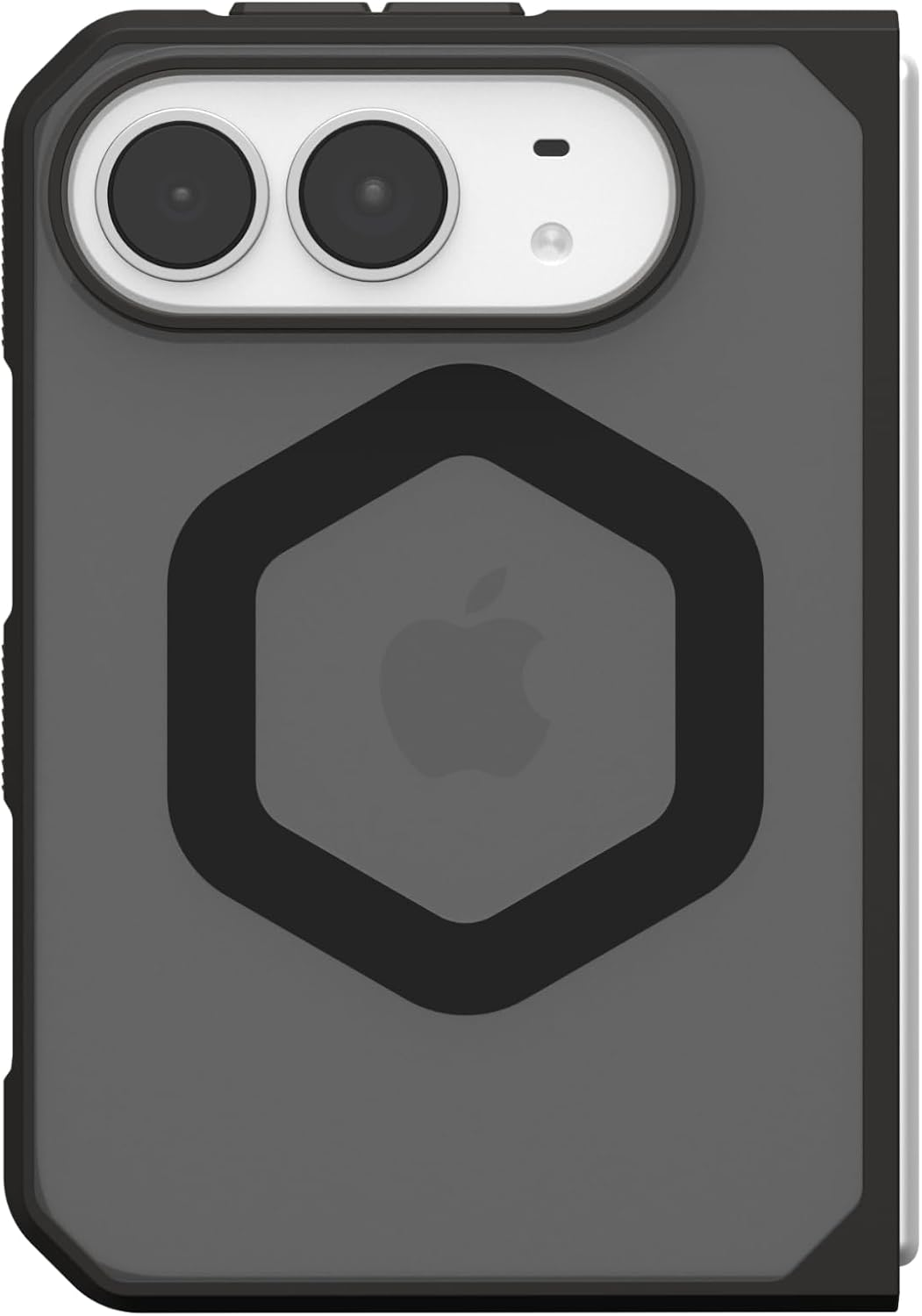 Schwarze Schutzhülle mit sechseckigem Design, integriertem Apple-Logo und Kameraaussparung auf weißem Hintergrund.