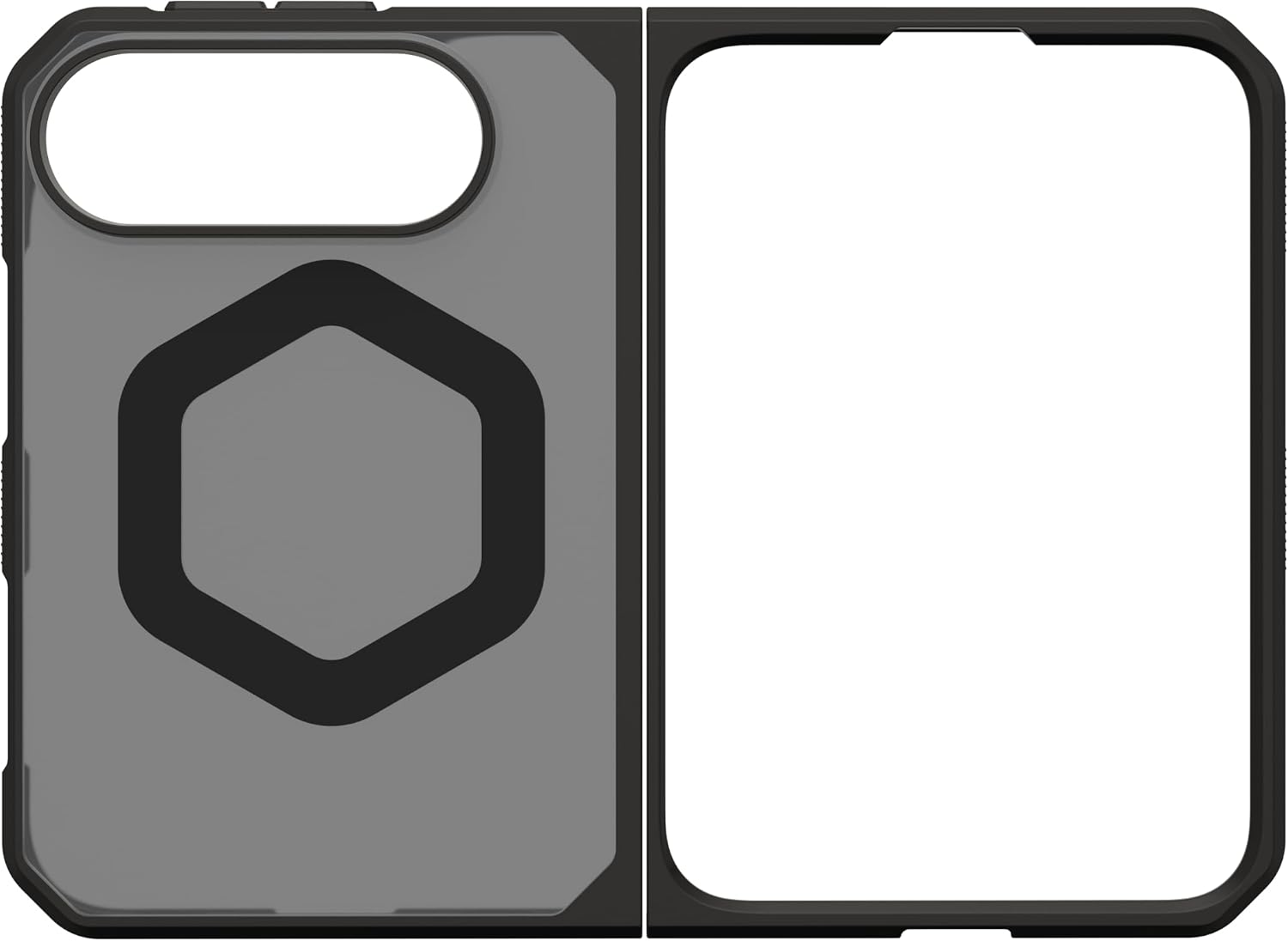 Schwarze und graue Schutzhülle für ein faltbares Smartphone mit Sechseckmuster auf der Rückseite.