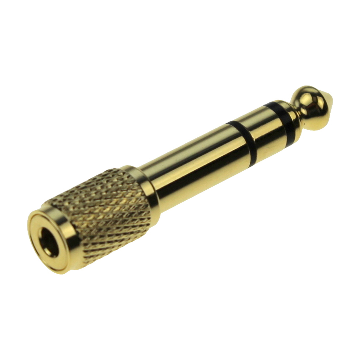 Goldfarbener Klinkenadapter auf weißem Hintergrund.