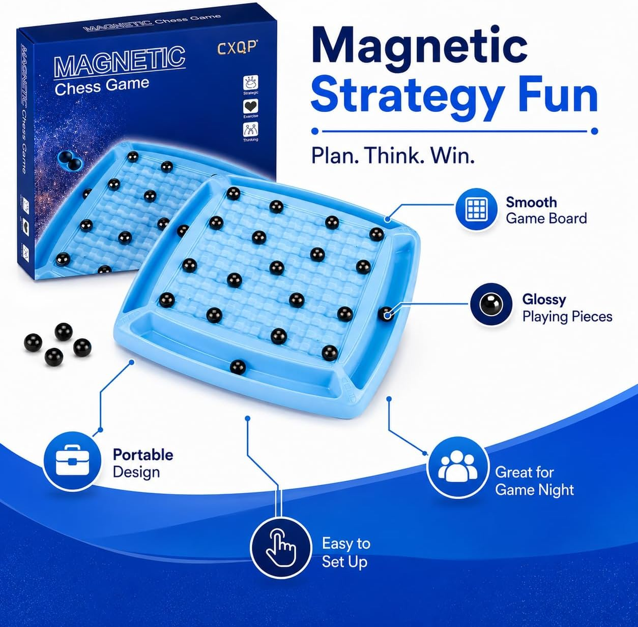 Ein blaues magnetisches Schachspiel mit schwarzen magnetischen Figuren und Funktionshinweisen wie tragbar.