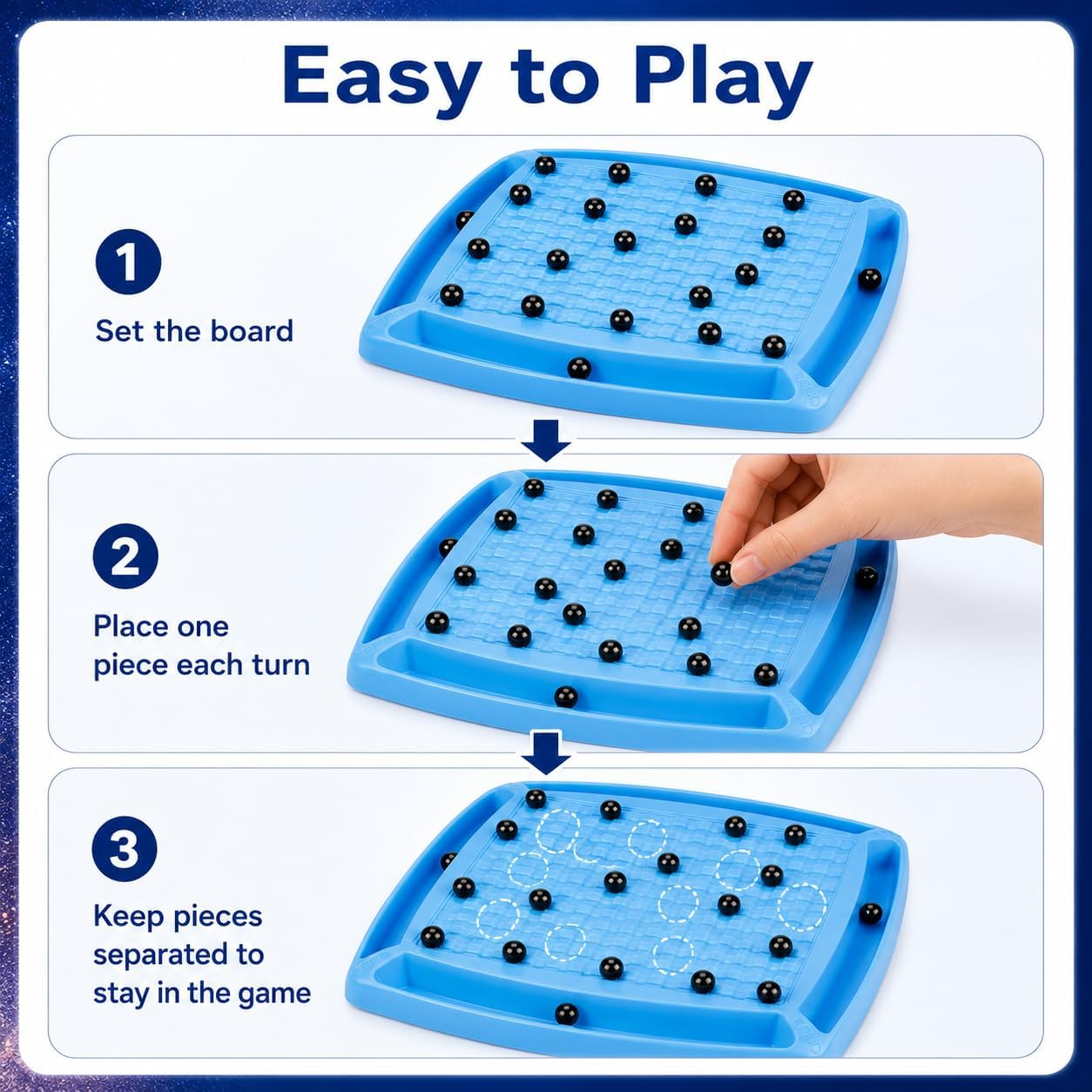 Anleitung in drei Schritten zeigt, wie man ein blaues Brettspiel mit schwarzen Kugeln spielt.