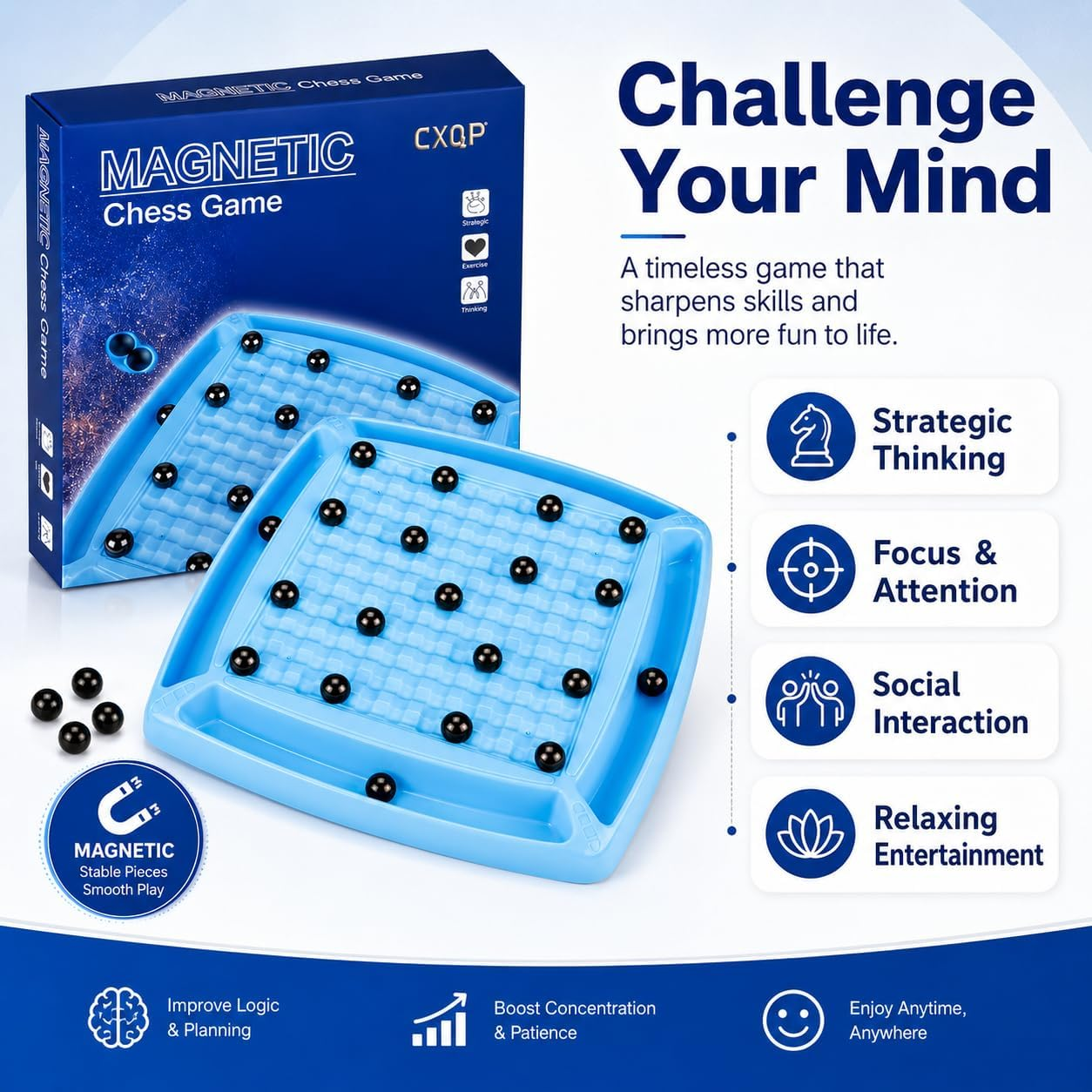 Blaue magnetische Schachspielbrett-Box und Spielset mit schwarzen magnetischen Perlen und Werbetext.