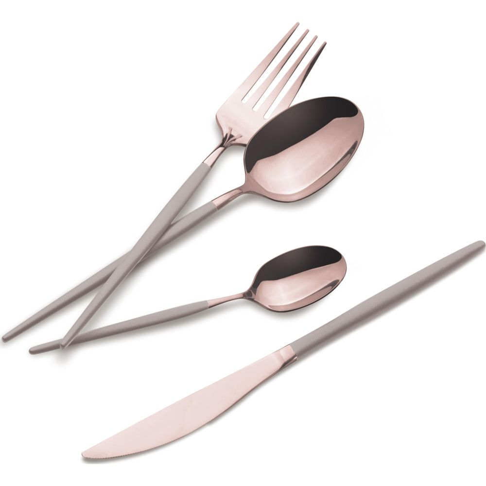 Service de couverts moderne en or rose avec manches gris mat, comprenant fourchette, cuillères et couteau.