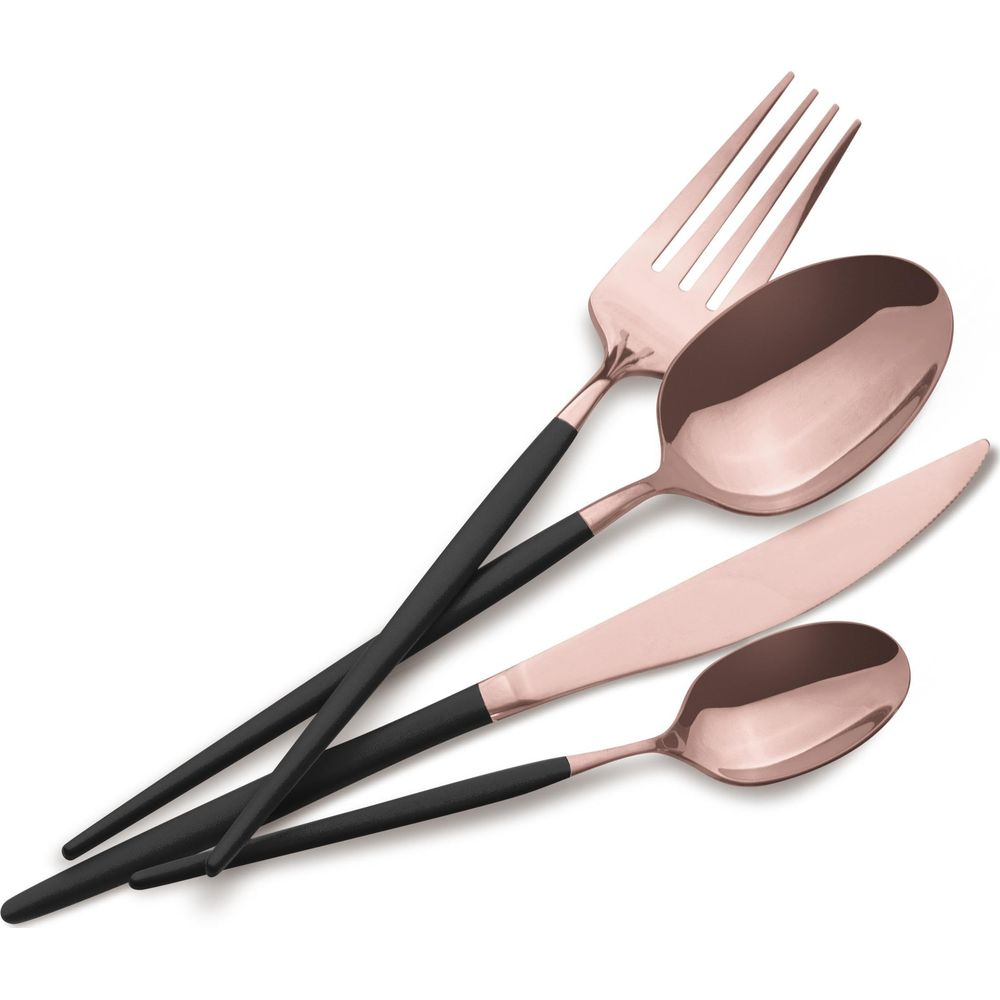 Ensemble de couverts en or rose avec manches noirs mats, comprenant une fourchette, des cuillères et un couteau.