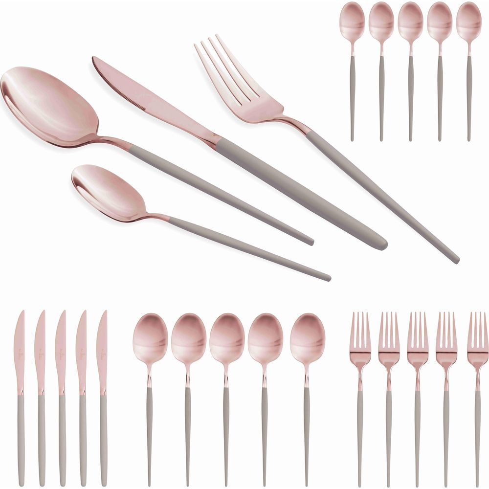 Ensemble de couverts en or rose avec des manches gris mat, comprenant des cuillères, des fourchettes et des couteaux.