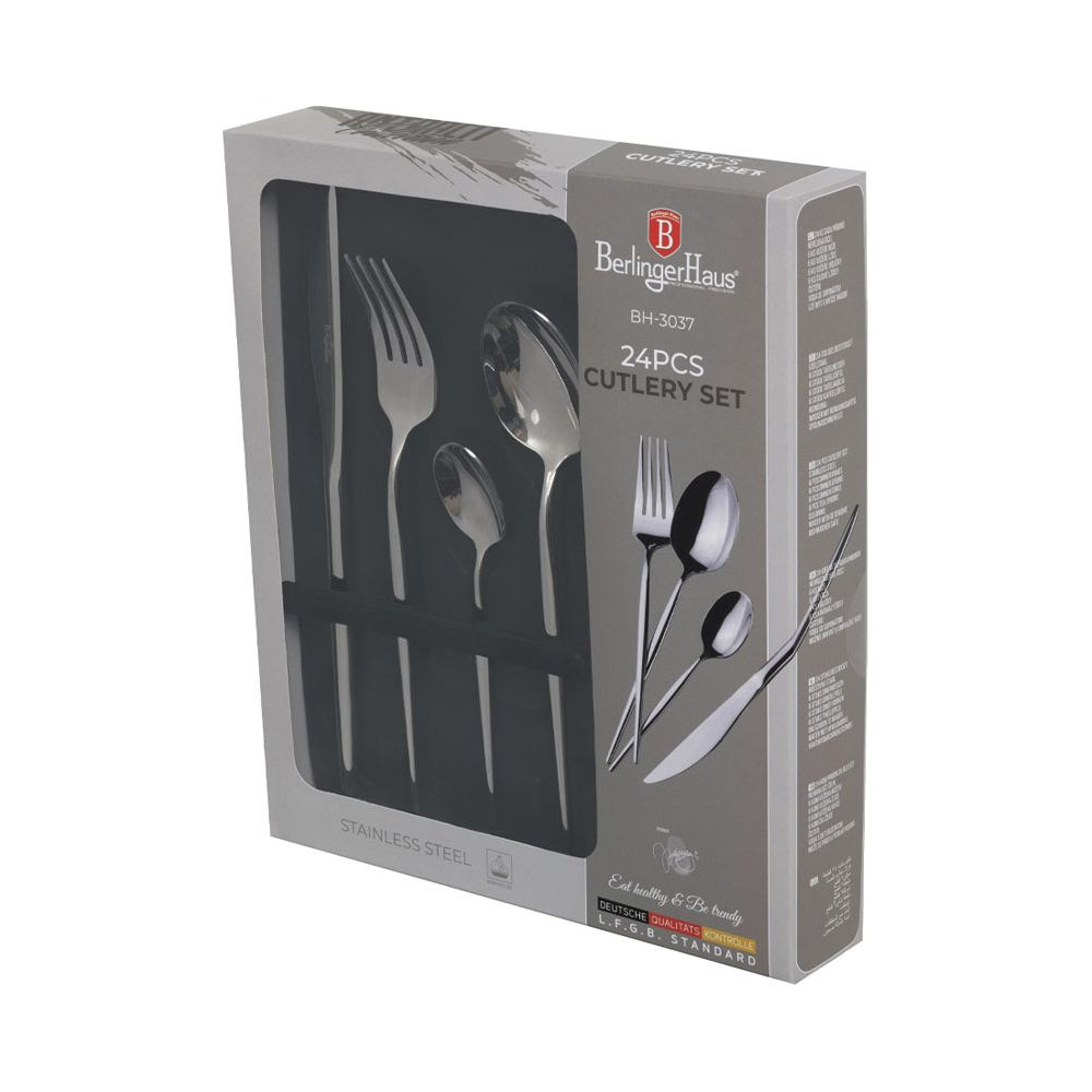 Emballage d'une menagere en acier inoxydable de 24 pieces Berlinger Haus sur fond blanc.