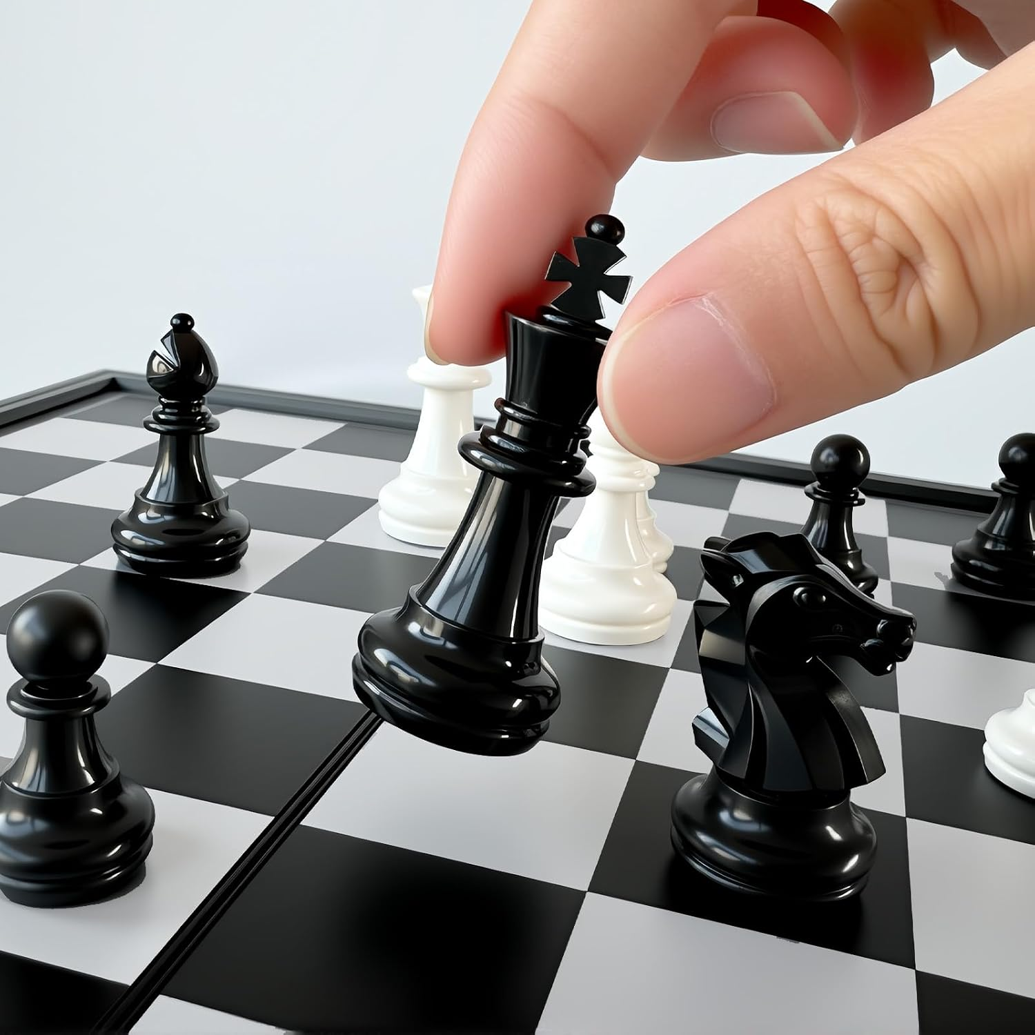 Eine Hand bewegt eine schwarze Schachfigur auf einem schwarz-weißen Schachbrett mit anderen Figuren.
