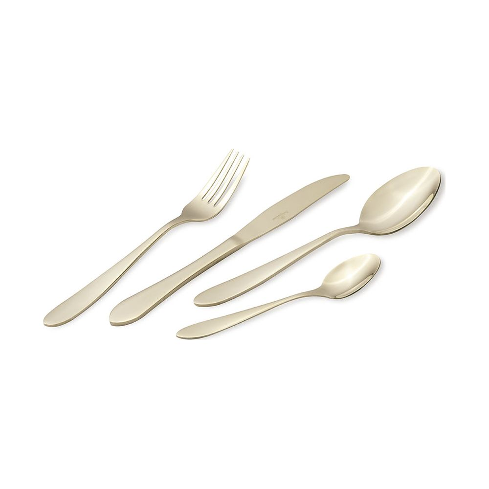 Un ensemble de couverts dorés comprenant une fourchette, un couteau et deux cuillères sur fond blanc.