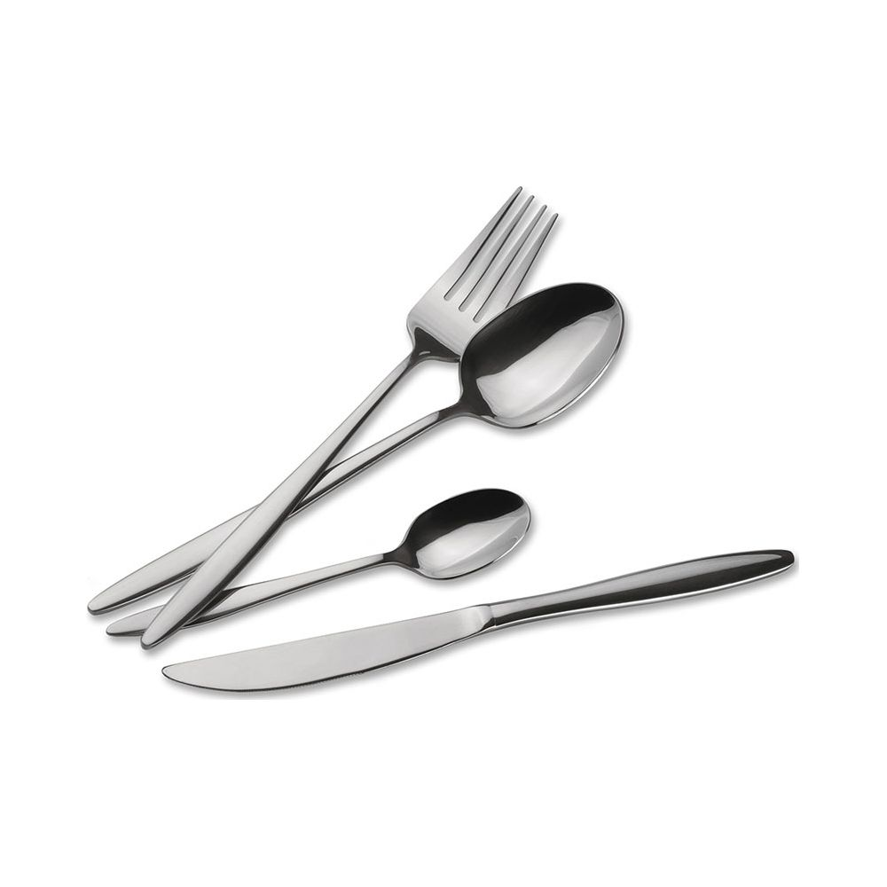 Couverts en argent brillant composés d'une fourchette, de deux cuillères et d'un couteau sur fond blanc.