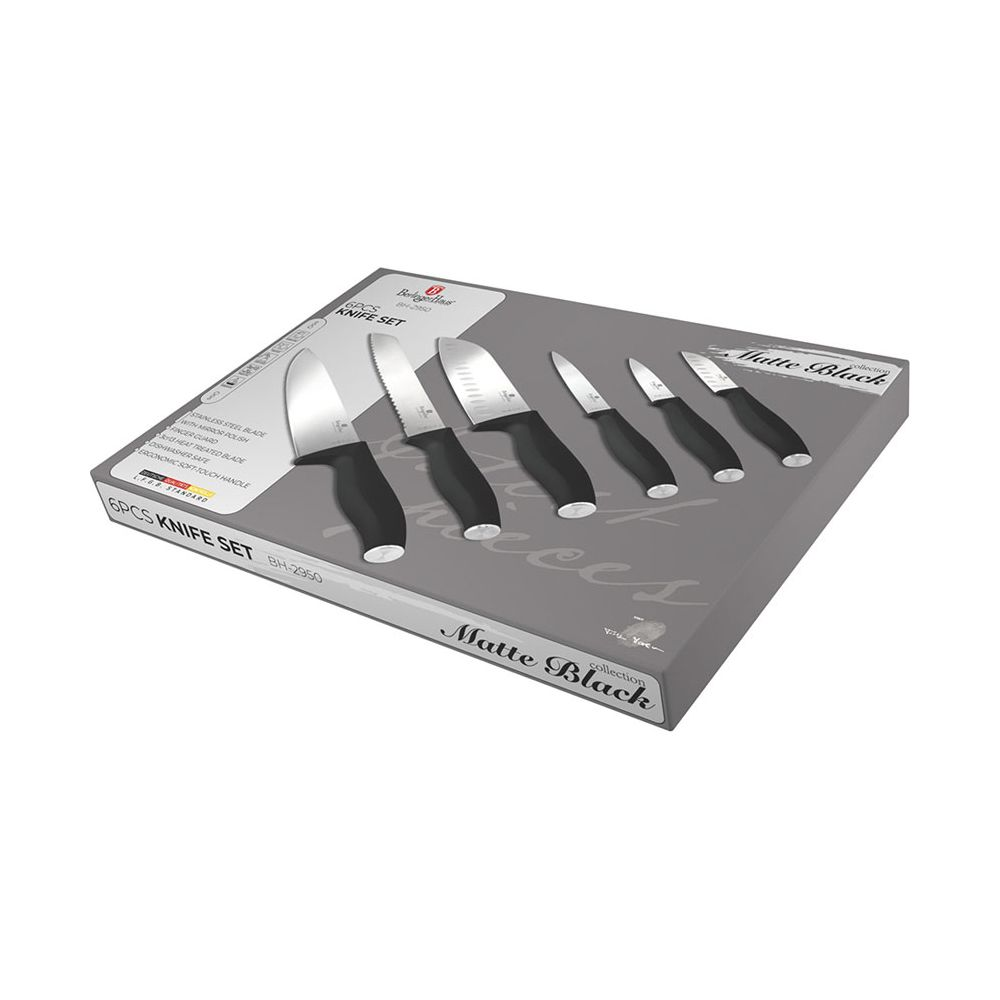 Ein graues 6-teiliges Messer-Set in einer Schachtel mit schwarzen Griffen und silbernen Klingen.