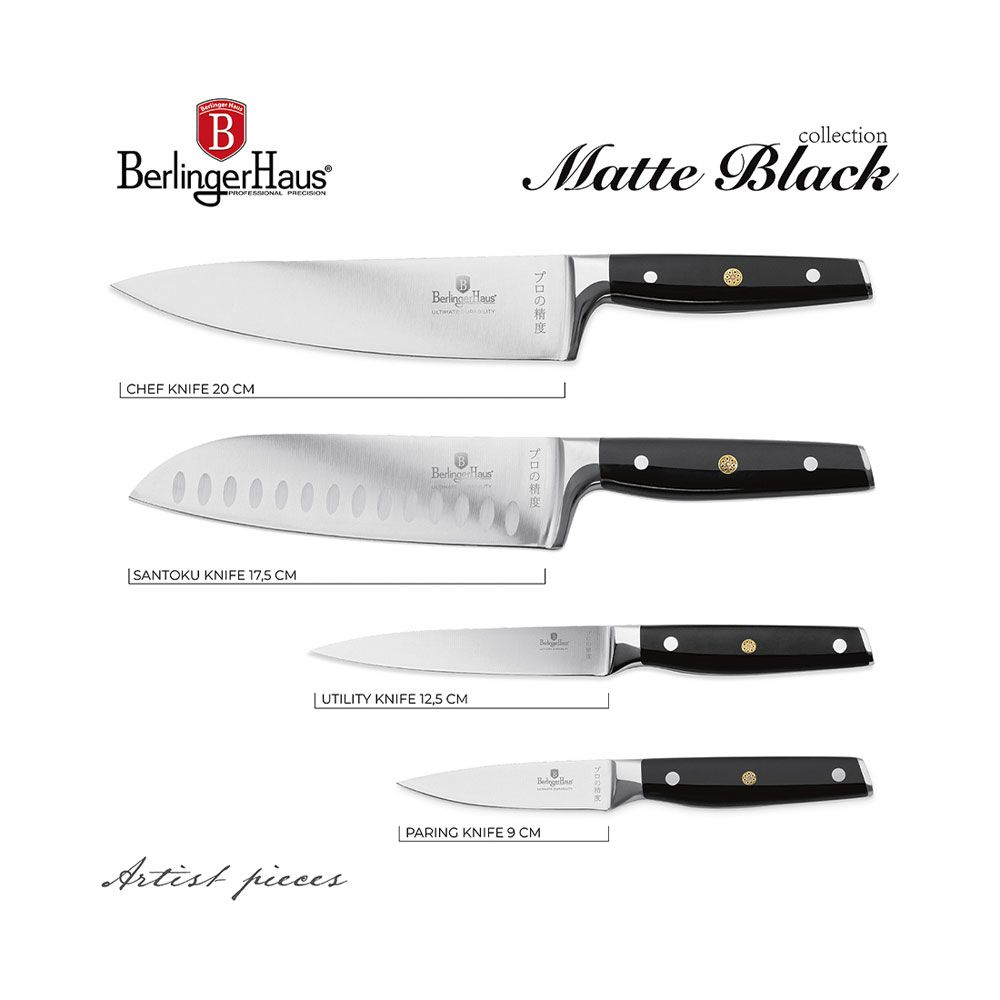 Set aus vier BerlingerHaus Matte Black Messern mit schwarzengriffen und Edelstahlklingen auf weißem Hintergrund.